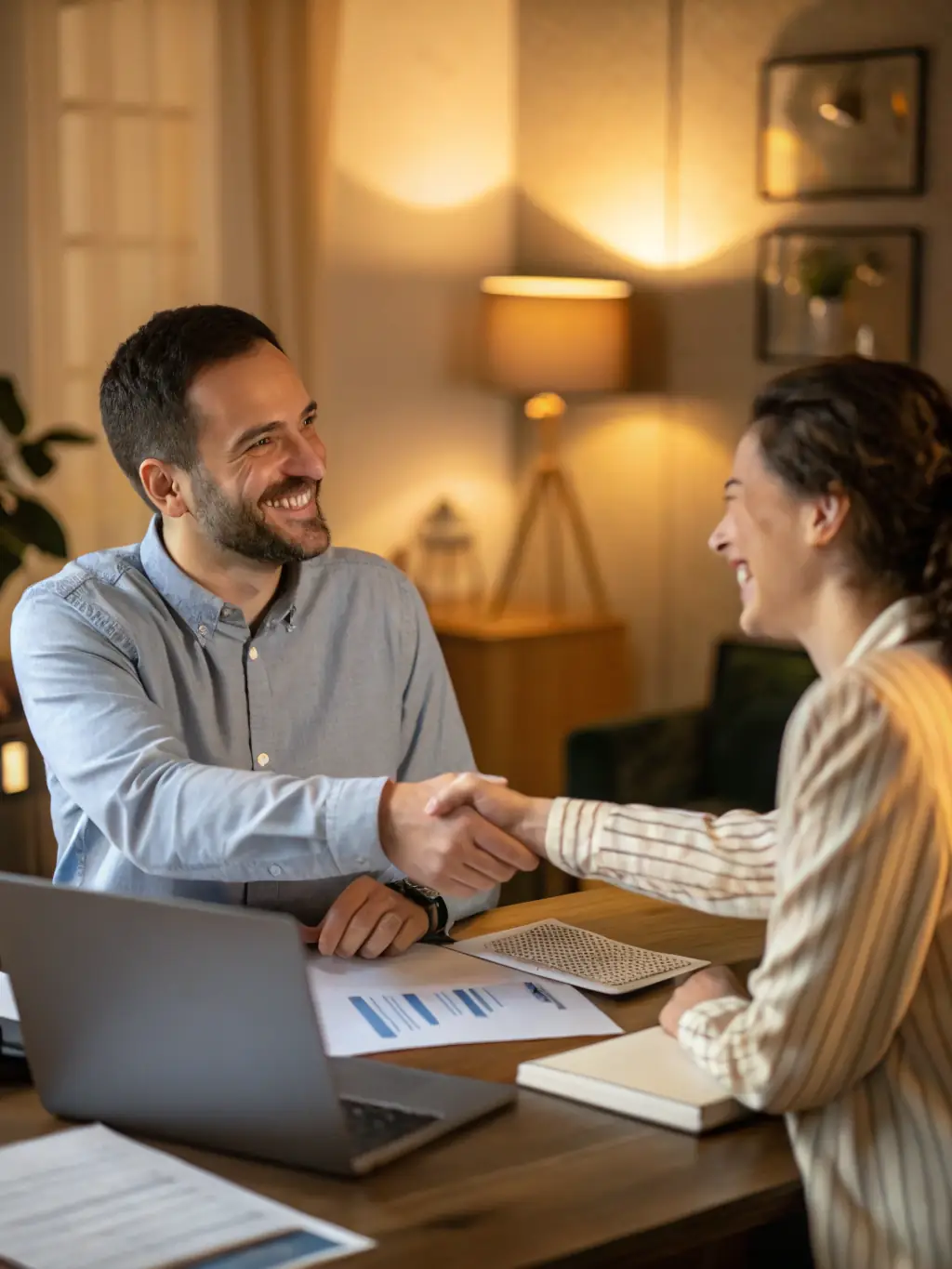 A client celebrating a financial milestone with their coach, showcasing the positive outcomes of effective goal-setting and investment planning.