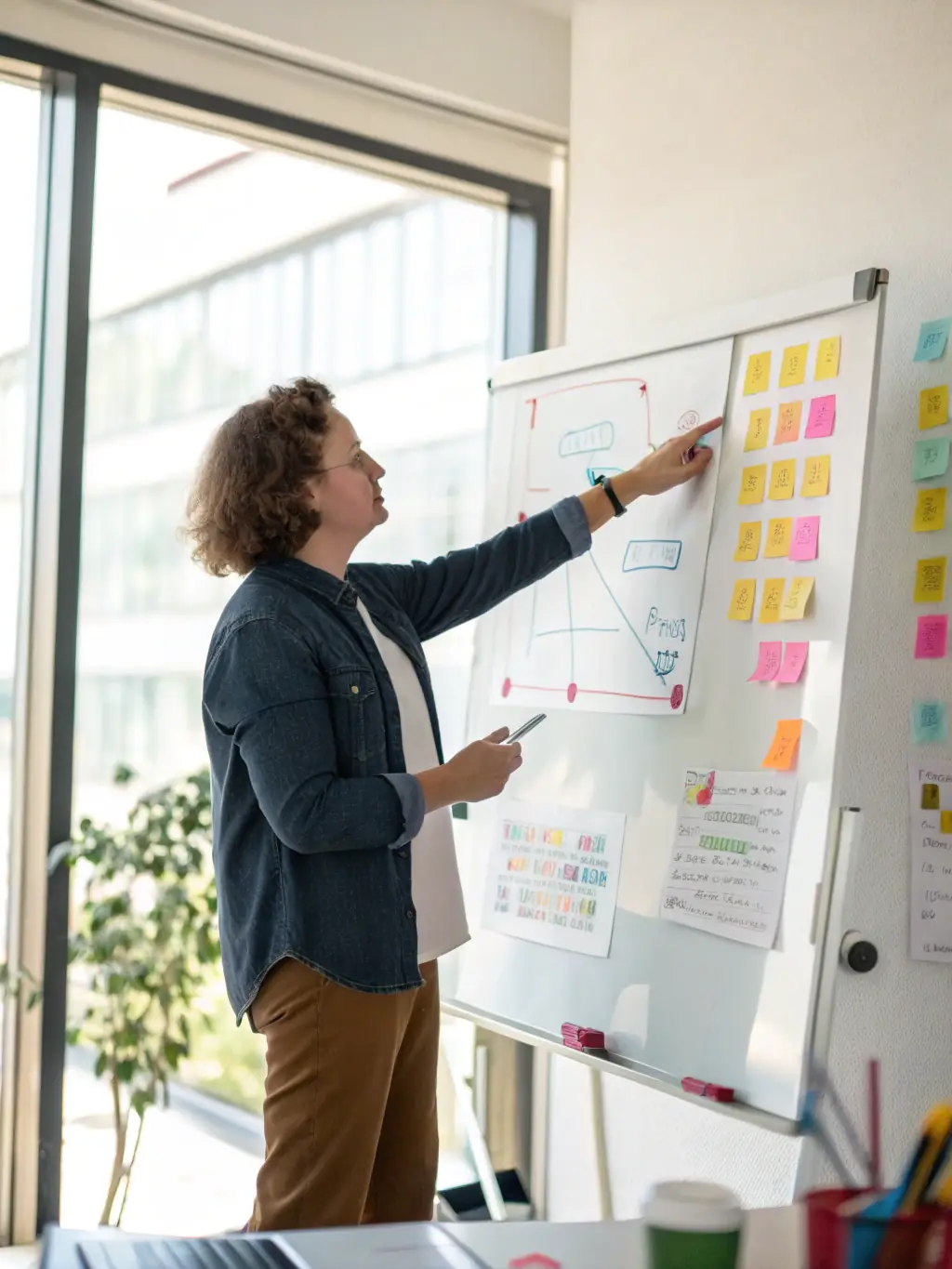 A professional coach guiding a client through a goal-setting exercise, using visual aids like a whiteboard with strategic plans and timelines.